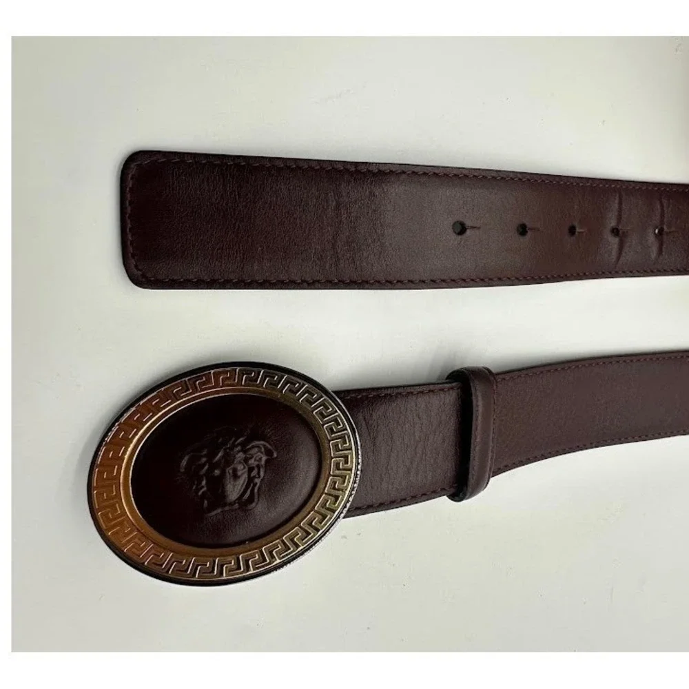 Versace Medusa Head Greek Key Oval Buckle Burgundy Leather Belt DCU‎ 4409 90/36